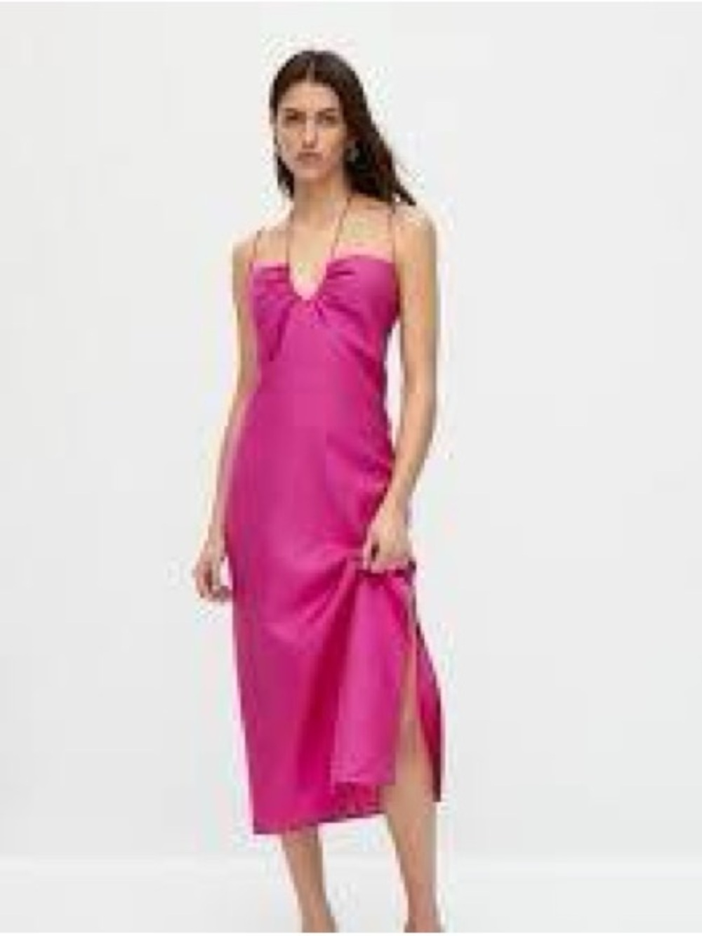 Massimo Dutti Fuchsia Pink Linen Blend Strappy Straps Midi Dress Slip Dress Sz M - Picture 1 of 16